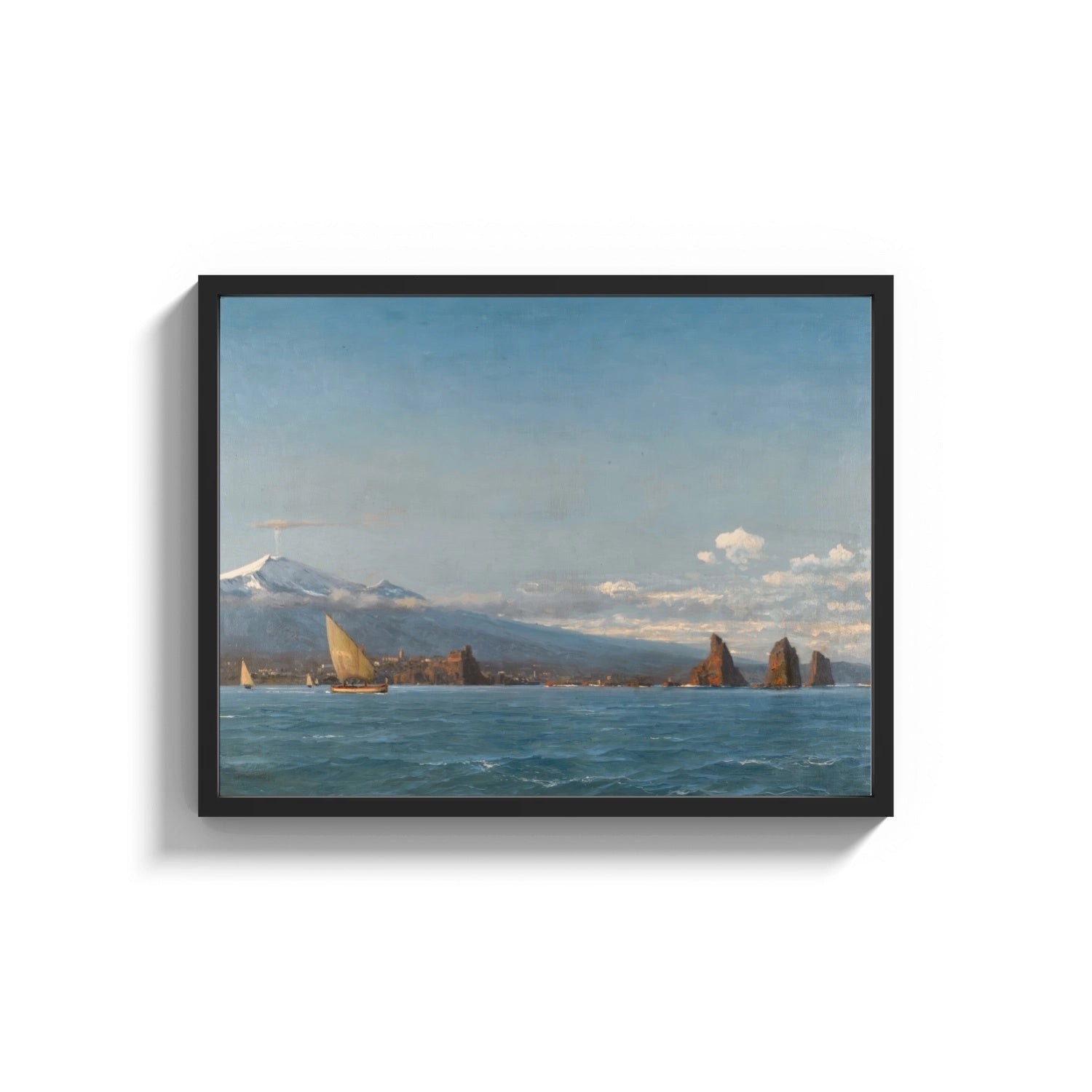 Framed Mediterranean coastal scene with a volcano and sailboats vintage art print print shown as a wide statement piece…