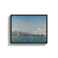 Framed Mediterranean coastal scene with a volcano and sailboats vintage art print print shown as a wide statement piece…