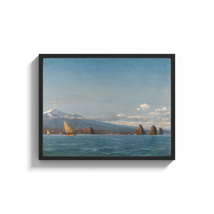 Framed Mediterranean coastal scene with a volcano and sailboats vintage art print shown as a wide statement piece