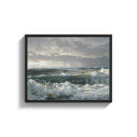 Framed storm waves crashing on a rocky shore vintage art print print shown as a wide statement piece on a clean white wall