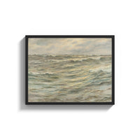 Framed stormy grey-green seascape with breaking waves vintage art print print shown as a wide statement piece on a clean…