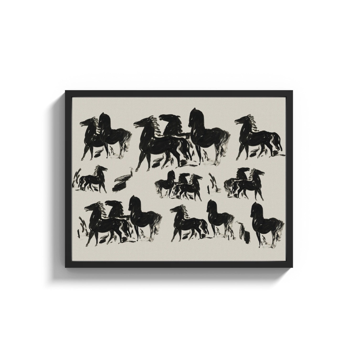 Framed three rows of black ink horses vintage art print print shown as a wide statement piece on a clean white wall