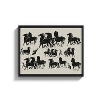 Framed three rows of black ink horses vintage art print print shown as a wide statement piece on a clean white wall