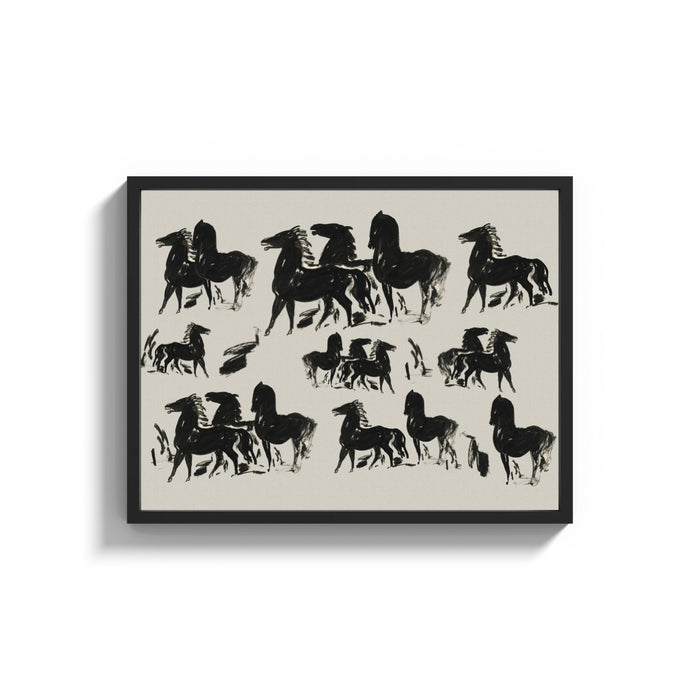 Framed three rows of black ink horses vintage art print shown as a wide statement piece on a clean white wall