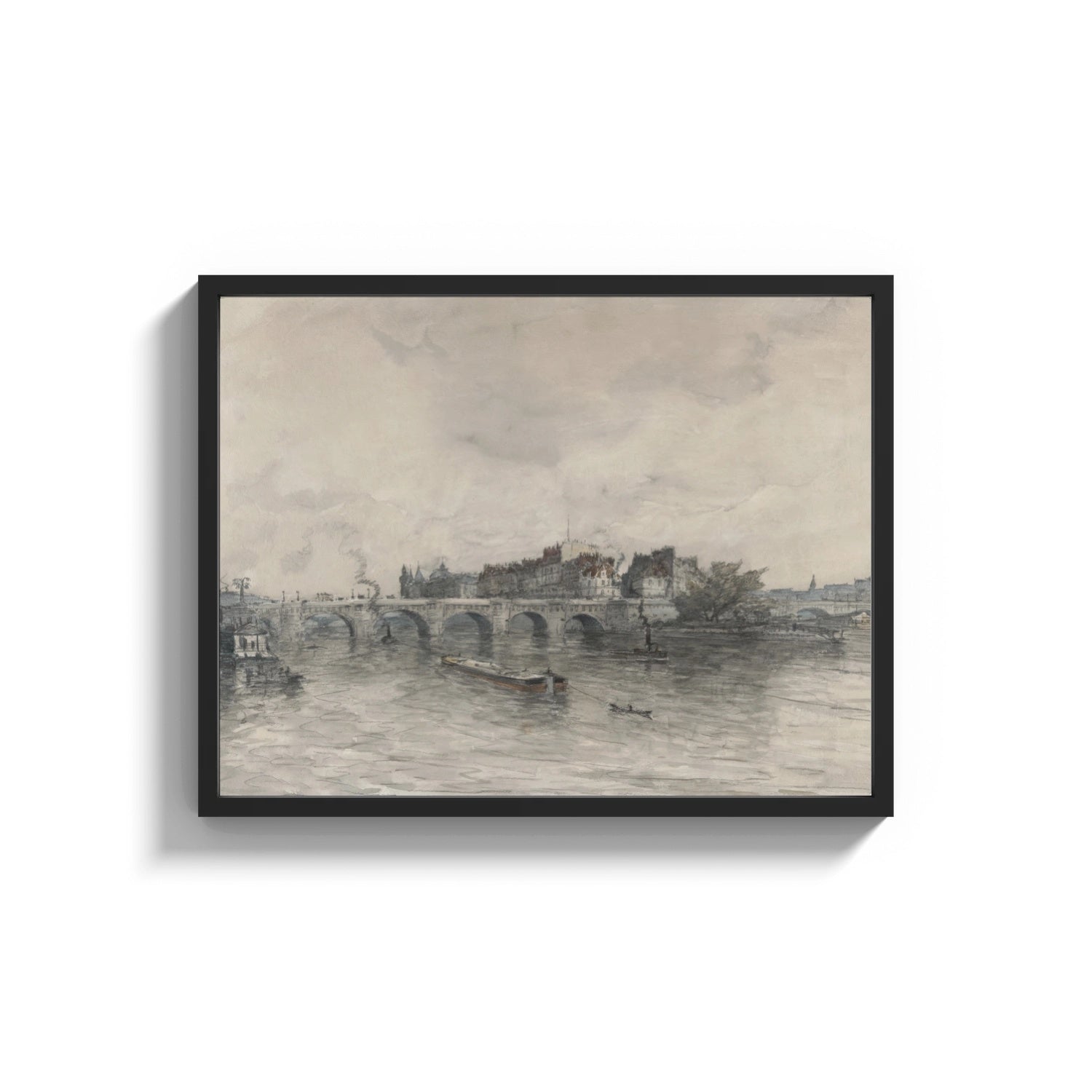 Framed Parisian bridge and riverside architecture vintage art print print shown as a wide statement piece on a clean…