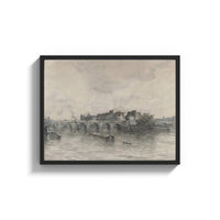 Framed Parisian bridge and riverside architecture vintage art print print shown as a wide statement piece on a clean…