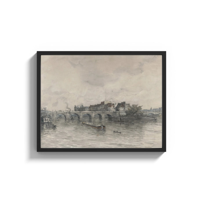Framed Parisian bridge and riverside architecture vintage art print shown as a wide statement piece