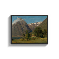 Framed Norwegian fjord and mountain lake landscape vintage art print print shown as a wide statement piece on a clean…