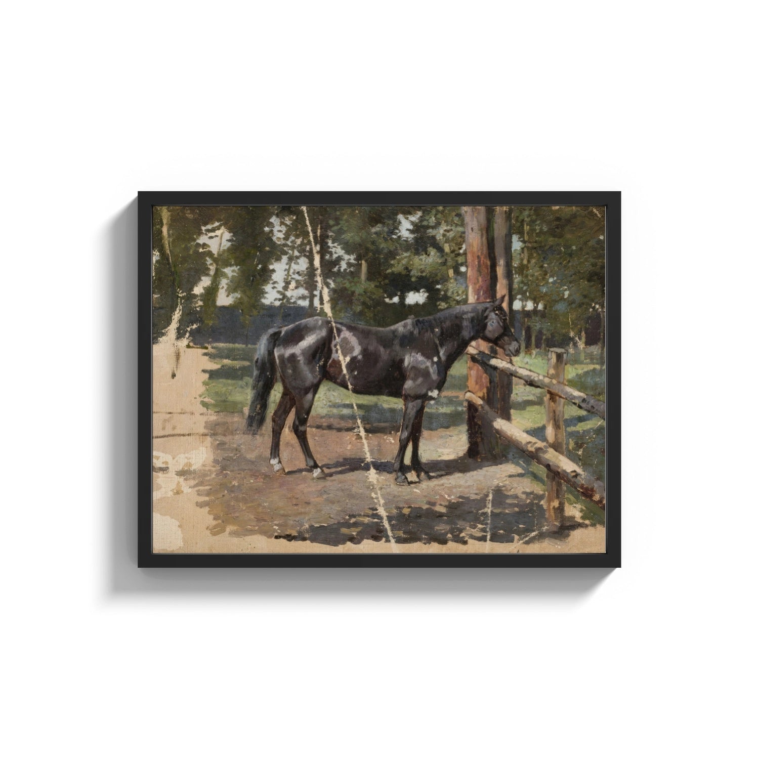 Framed horse standing at a wooden fence in woods vintage art print print shown as a wide statement piece on a clean white…