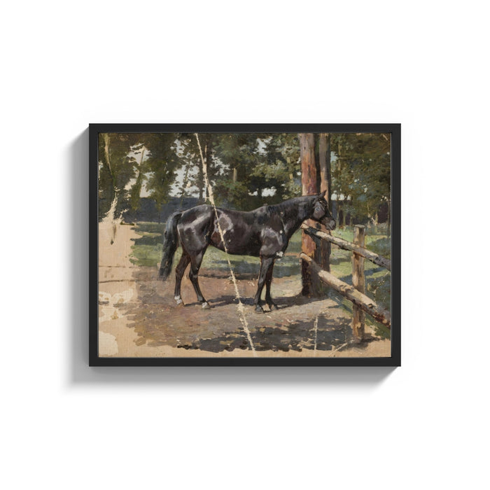 Framed horse standing at a wooden fence in woods vintage art print shown as a wide statement piece