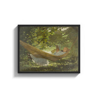 Framed girl reading in a hammock vintage art print print shown as a wide statement piece on a clean white wall
