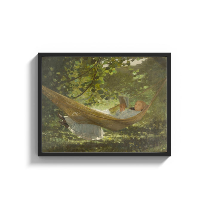 Framed girl reading in a hammock vintage art print shown as a wide statement piece on a clean white wall