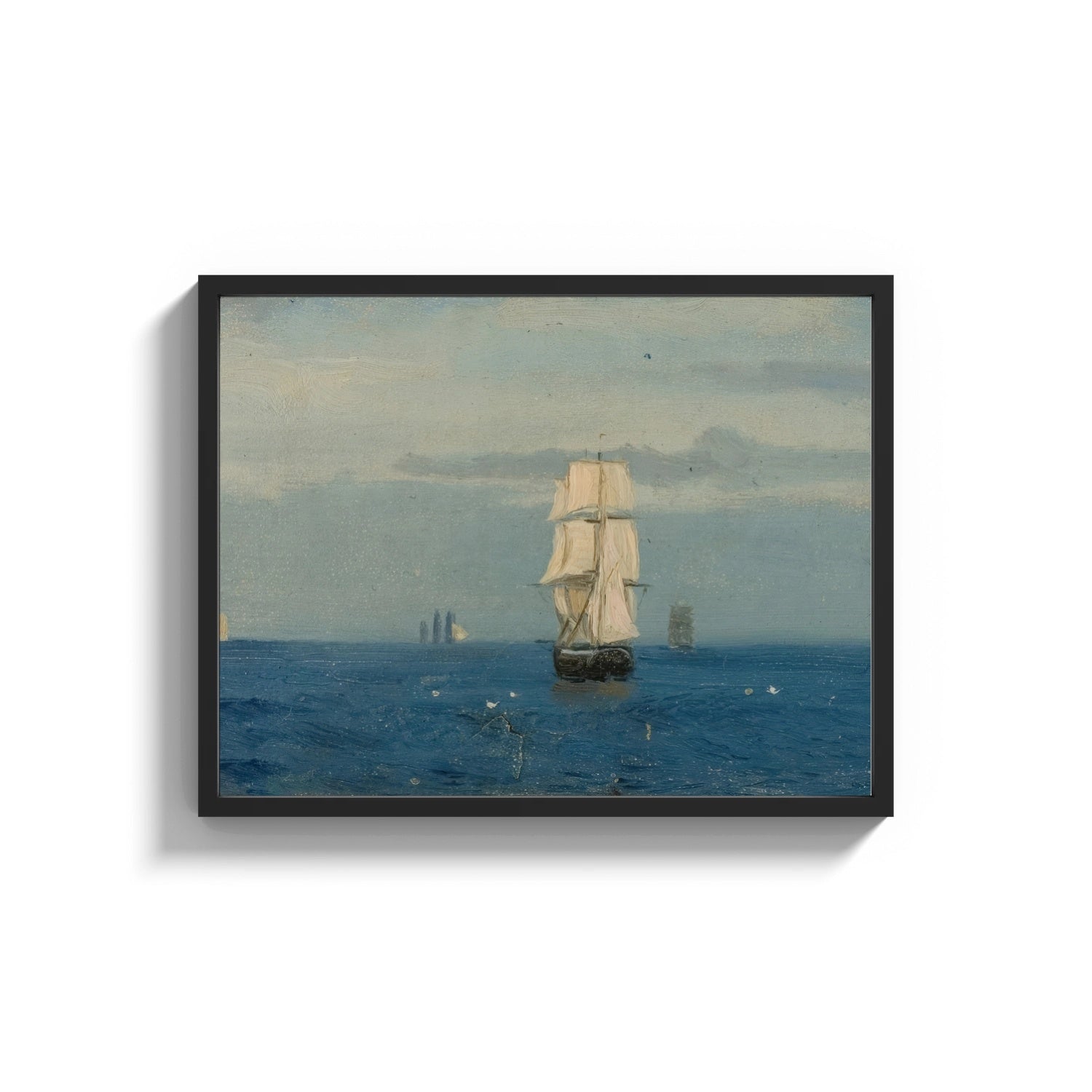 Framed tall ship sailing open sea vintage art print print shown as a wide statement piece on a clean white wall
