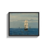 Framed tall ship sailing open sea vintage art print print shown as a wide statement piece on a clean white wall