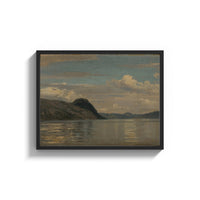 Framed fjord/lake with dramatic clouds vintage art print print shown as a wide statement piece on a clean white wall