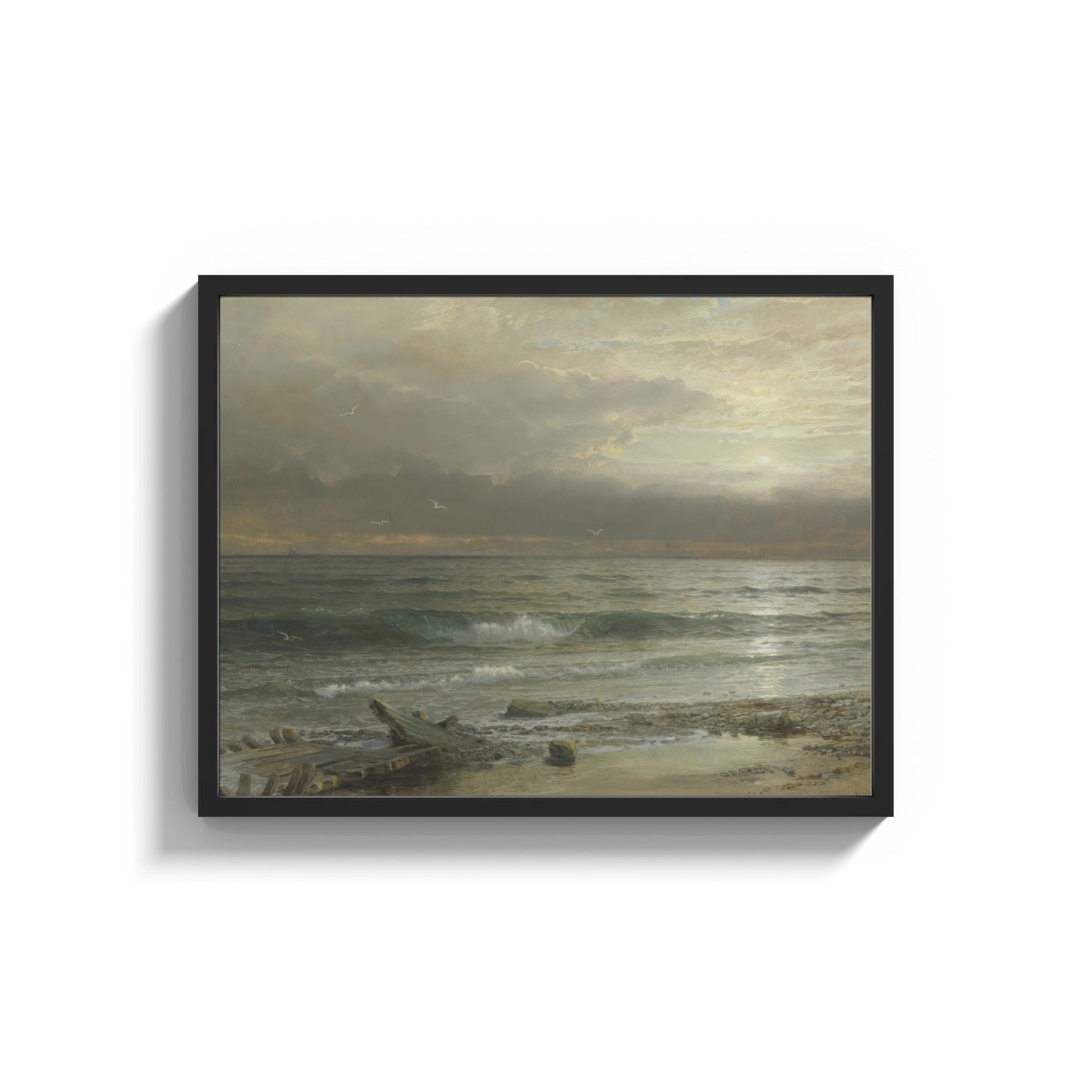Framed stormy ocean waves at dusk with seabirds vintage art print print shown as a wide statement piece on a clean white wall