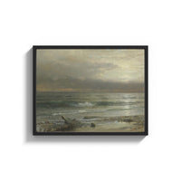 Framed stormy ocean waves at dusk with seabirds vintage art print print shown as a wide statement piece on a clean white wall
