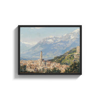 Framed Italian hillside village below snow-capped Alps vintage art print print shown as a wide statement piece on a clean…