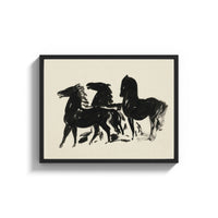 Framed three horses in bold silhouette vintage art print print shown as a wide statement piece on a clean white wall