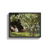 Framed woman reading under white roses with a sleeping dog vintage art print print shown as a wide statement piece on a…