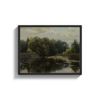 Framed moody wooded pond/river landscape vintage art print print shown as a wide statement piece on a clean white wall