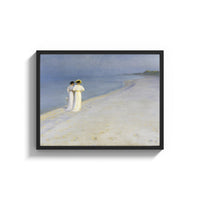 Framed two women in white walking a beach at dusk vintage art print print shown as a wide statement piece on a clean…