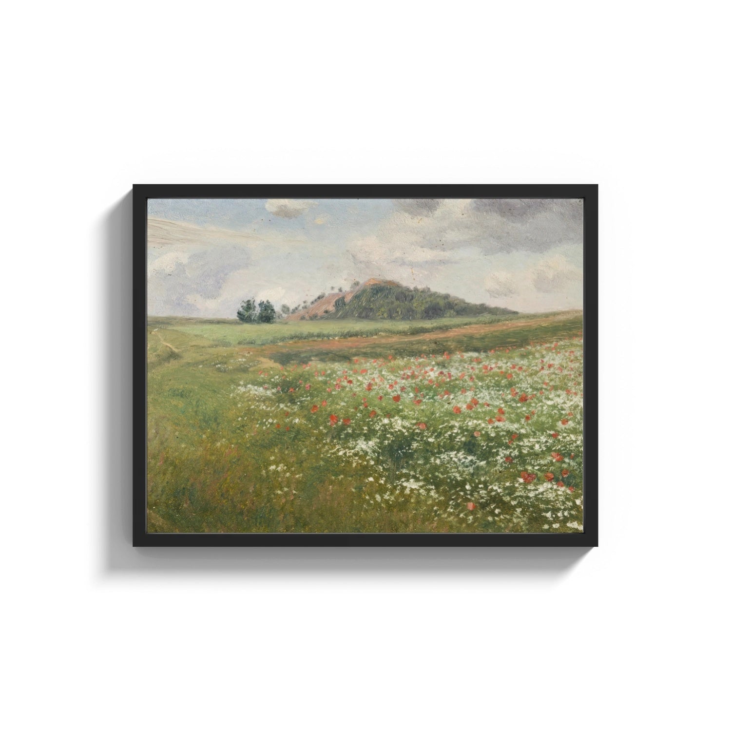 Framed spring meadow with wild poppies and daisies vintage art print print shown as a wide statement piece on a clean…