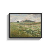 Framed spring meadow with wild poppies and daisies vintage art print print shown as a wide statement piece on a clean…