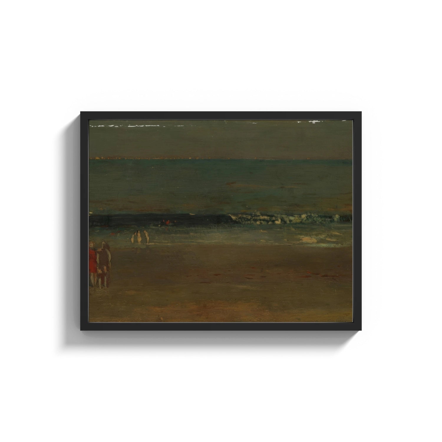 Framed figures on a beach before crashing surf vintage art print print shown as a wide statement piece on a clean white wall