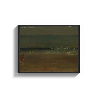 Framed figures on a beach before crashing surf vintage art print print shown as a wide statement piece on a clean white wall