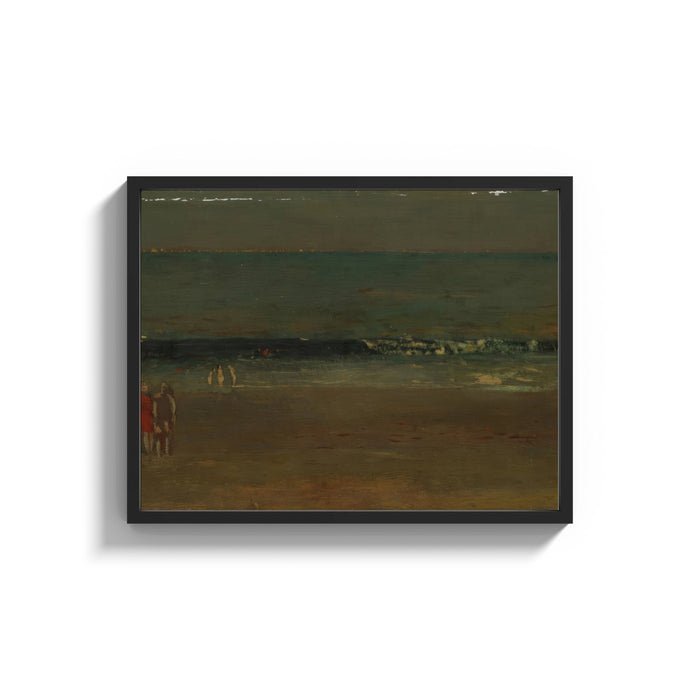 Framed figures on a beach before crashing surf vintage art print shown as a wide statement piece on a clean white wall