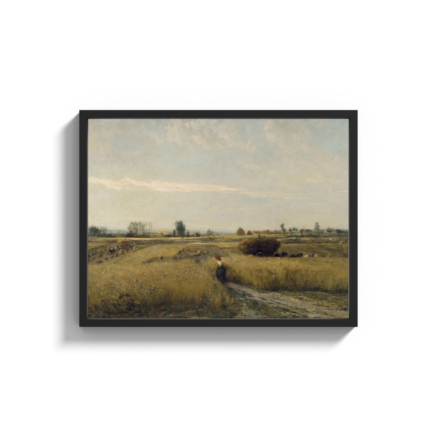 Framed harvest field with a gleaning woman and hay wagon vintage art print print shown as a wide statement piece on a…