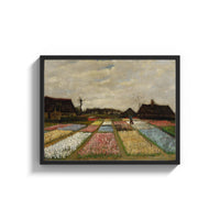 Framed colorful tulip fields with farmhouses vintage art print print shown as a wide statement piece on a clean white wall