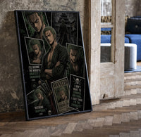 Roronoa Zoro One Piece Wanted framed poster print in a black frame leaning beside a vintage door on parquet