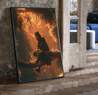 Itachi Uchiha Naruto Akatsuki framed poster print in a black frame leaning beside a vintage door on parquet
