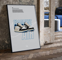 Travis Scott x Fragment Air Jordan 1 framed poster print in a black frame leaning beside a vintage door on parquet