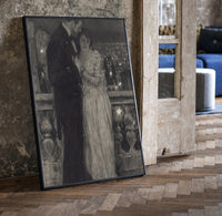 couple embracing on a night balcony vintage art print print in a black frame leaning beside a vintage door on parquet