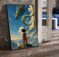 Dragon Ball Z Goku and Shenron framed poster print in a black frame leaning beside a vintage door on parquet