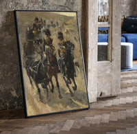 cavalry soldiers on horseback vintage art print print in a black frame leaning beside a vintage door on parquet