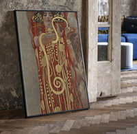 Klimt's Hygieia with gold serpent vintage art print print in a black frame leaning beside a vintage door on parquet