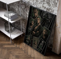 Roronoa Zoro One Piece Wanted framed poster poster in a black frame leaning beside a shelf in a raw-plaster loft