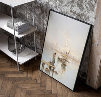 woman and dog on a dock watching sailboats vintage art print poster in a black frame leaning beside a shelf in a…