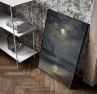 tall ship at sea under full moon vintage art print poster in a black frame leaning beside a shelf in a raw-plaster loft