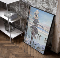 ice skaters on a frozen lake among snowy pines vintage art print poster in a black frame leaning beside a shelf in a…