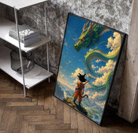 Dragon Ball Z Goku and Shenron framed poster poster in a black frame leaning beside a shelf in a raw-plaster loft