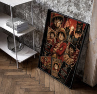 Monkey D. Luffy One Piece Wanted framed poster poster in a black frame leaning beside a shelf in a raw-plaster loft