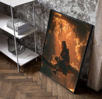Itachi Uchiha Naruto Akatsuki framed poster poster in a black frame leaning beside a shelf in a raw-plaster loft
