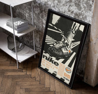 White Off-White Nike Air Force 1 framed poster poster in a black frame leaning beside a shelf in a raw-plaster loft