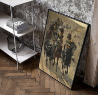 cavalry soldiers on horseback vintage art print poster in a black frame leaning beside a shelf in a raw-plaster loft