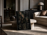 Roronoa Zoro One Piece Wanted framed poster print in a black frame leaning on a travertine table in a sunlit lounge